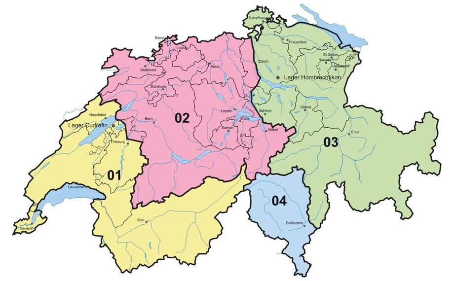Karte der Schweiz mit der Gebietseinteilung der Fachberater von BMI.